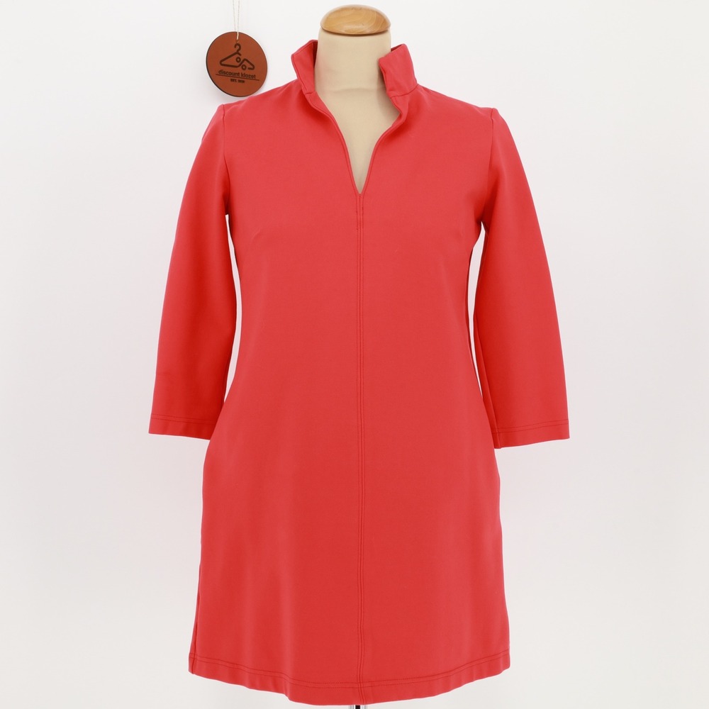 Tuckernuck Red Ponte Clifton Dress XS Stand Collar V-Neckline 3/4 Sleeves Preppy